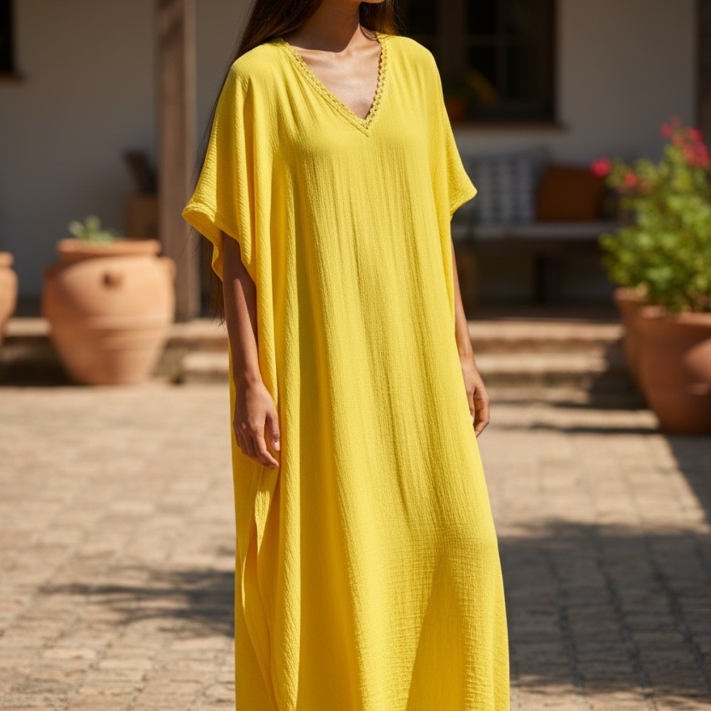 Mystic Aura- Kafta Yellow Maxi Dress-100% Cotton- Made In INDIA